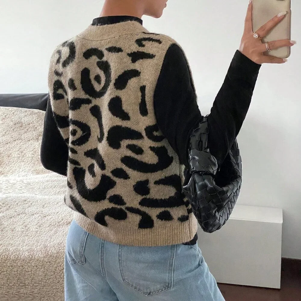Multicolor Casual Women's Single Breasted V-Neck Leopard Print Knit sweater Vest